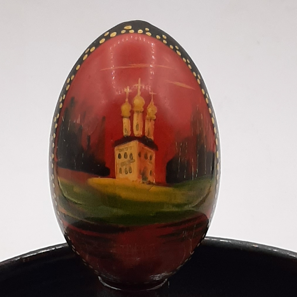 Vintage Hand Painted Wooden Egg Russian? Church Signed T. Koaomha & E. Boakoba